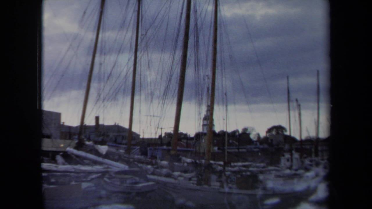 Sailboats clustered at docks with rigging visible against a cloudy sky.