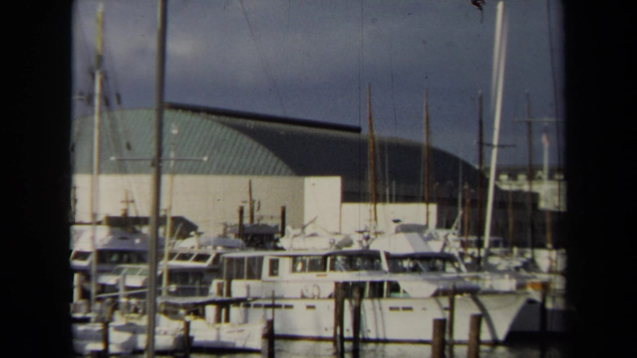 Docked yachts and sailboats in front of a large building with a curved green roof.