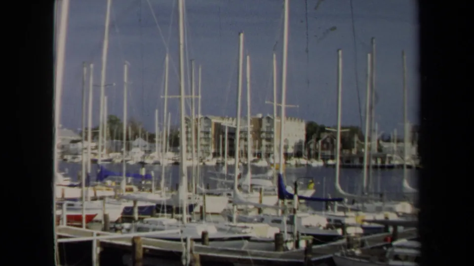 1970 Annapolis harbor angle showing sailboats packed along piers, a field of masts, calm water, and buildings on the far shoreline.