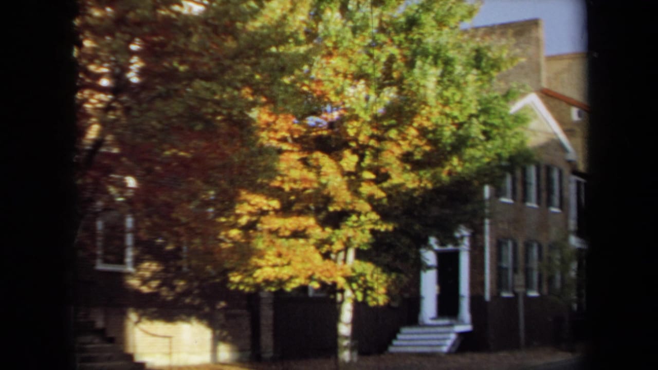 1970 Annapolis 8mm frame showing a large autumn tree partly covering a brick house with white trim and front steps.