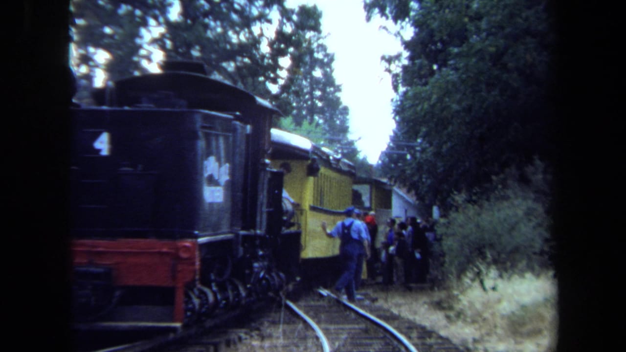 Yellow passenger train stopped in woods with people gathered by the cars.