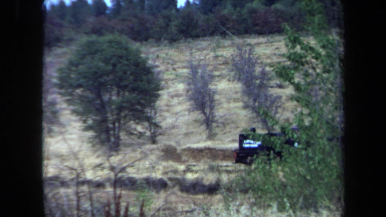 1970 California 8mm frame showing a small black steam train moving through dry grass and scattered hillside trees.