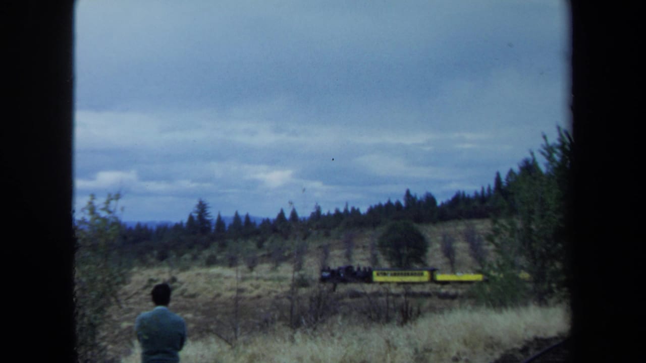 1970 California 8mm frame of a man in a field watching yellow freight cars pass below wooded hills under cloudy sky.