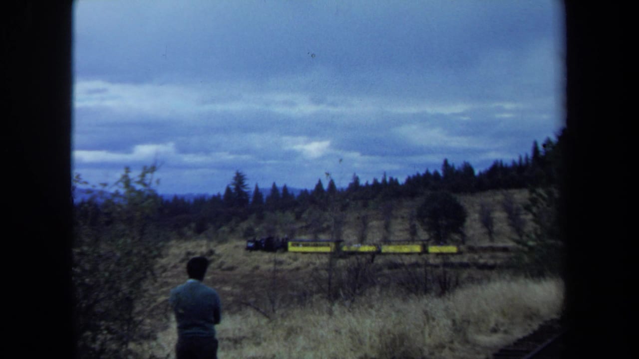 1970 California 8mm frame of a person in a blue sweater watching a yellow train pass through a rural wooded landscape.