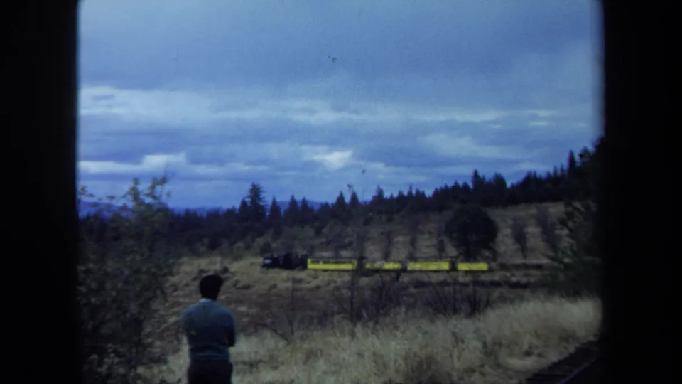 1970 California 8mm frame of a person in a blue sweater watching a yellow train pass through a rural wooded landscape.