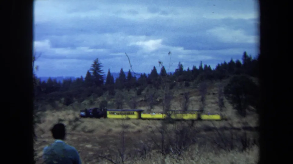 Final 1970 California 8mm frame with a solitary viewer in the foreground and a yellow train on a wooded rural slope.