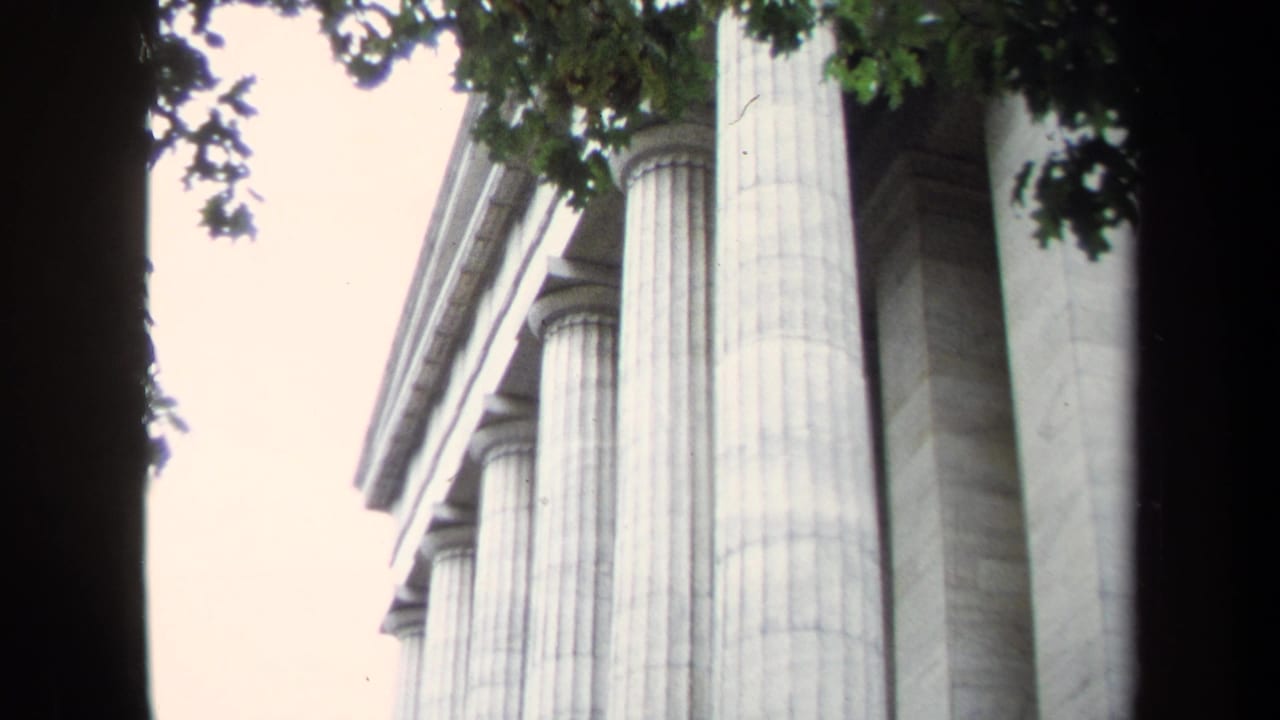 Low-angle view of pale stone columns partly framed by tree branches.