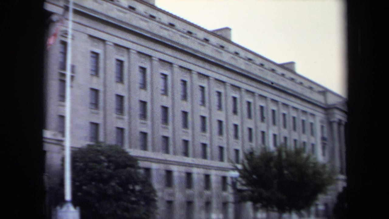 Large white stone government-style facade in Washington, DC, seen through soft 8mm framing with trees and a flagpole nearby.