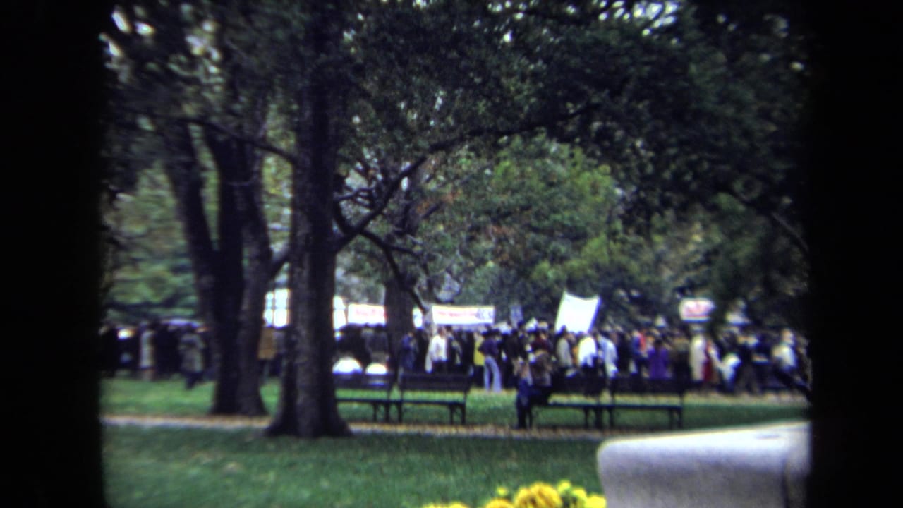Crowd gathered among trees in a park with benches and pale protest signs visible.
