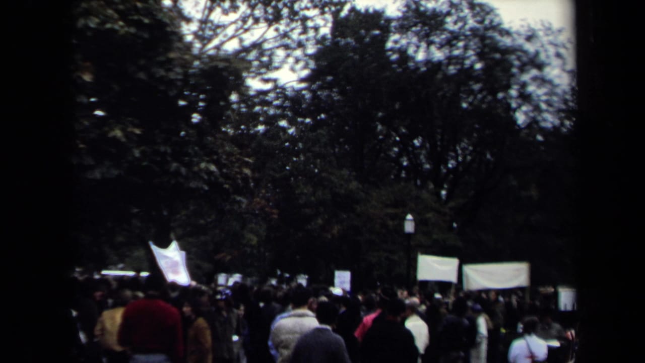 Crowd of demonstrators in a park-like area of Washington, DC, with protest signs and trees near the White House grounds.