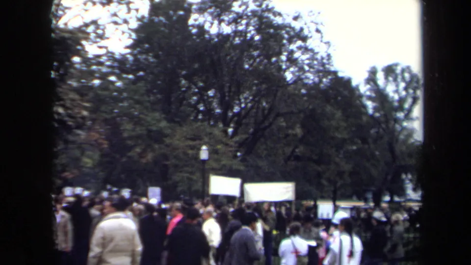 Washington, DC protest crowd seen from within the gathering, with banners, placards, trees, and period clothing visible.