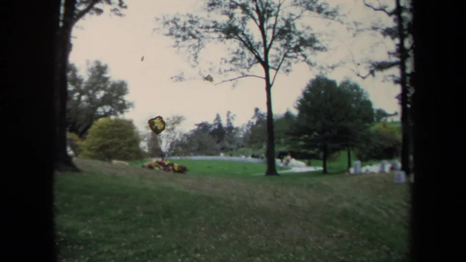 1970 Washington DC park view with grassy hills, mature trees, distant visitors, and a pale curved path seen through dark film-frame edges.