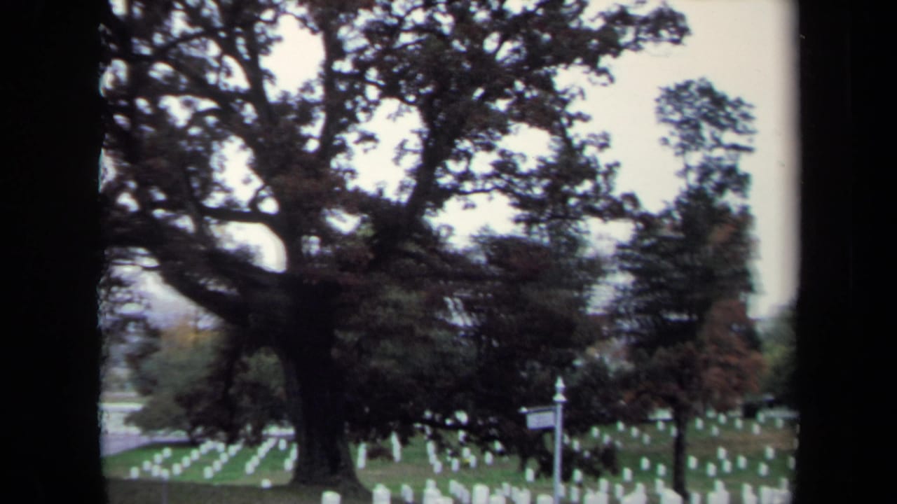 1970 Washington, DC home-movie view of white headstones across a cemetery lawn, framed by mature trees and overcast sky.
