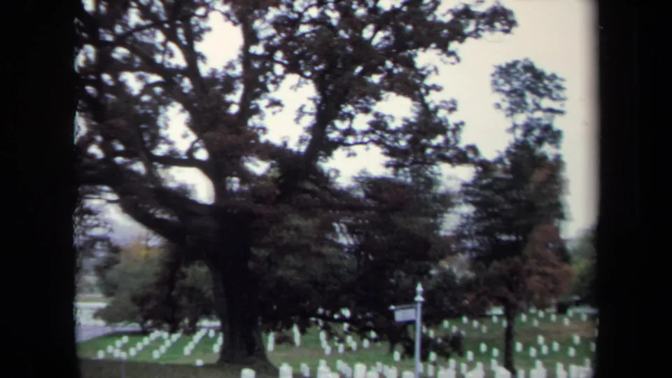 1970 Washington, DC home-movie view of white headstones across a cemetery lawn, framed by mature trees and overcast sky.