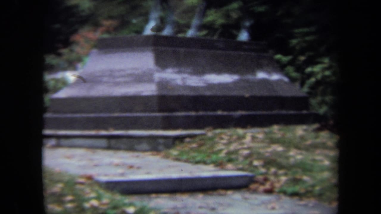 Stone pedestal and path in a park-like setting with trees and fallen leaves.