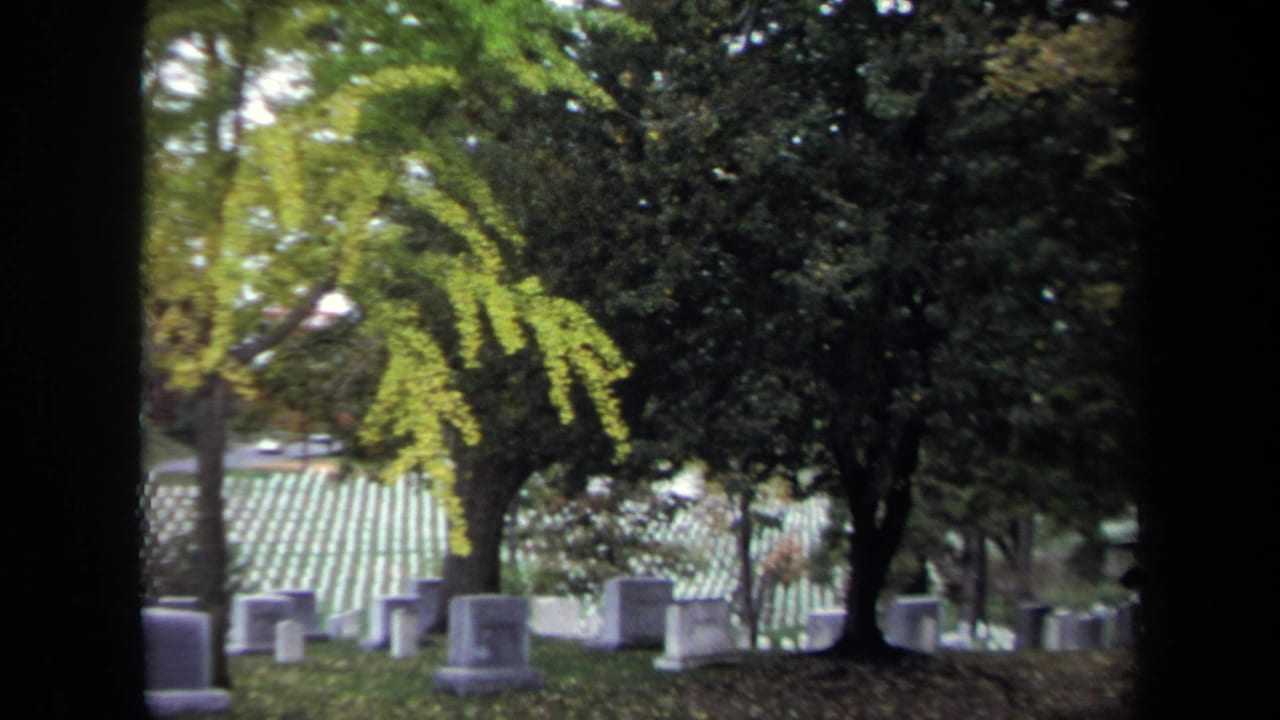 1970 Washington, DC cemetery view with rows of headstones, mature trees, fallen leaves, and dark film-frame edges.