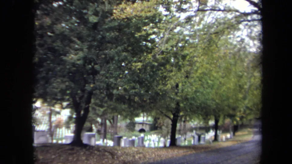 Moving 8mm view of Washington, DC cemetery grounds, showing grave markers under trees beside a paved drive.
