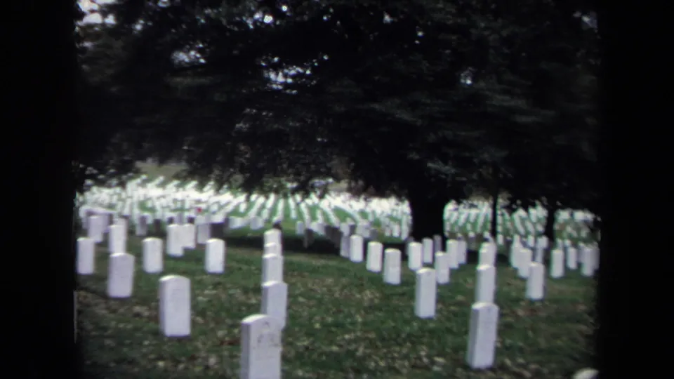 Rows of white tombstones stretch across a Washington, DC cemetery lawn, partly obscured by dark tree branches.