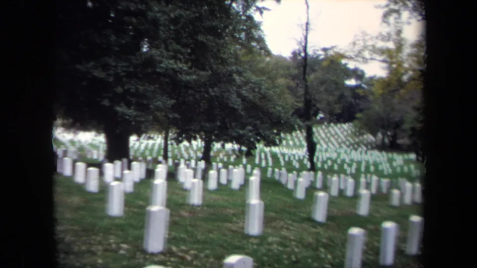 White headstones fill a shaded cemetery landscape in 1970 Washington, DC, with tree trunks and leaves framing the view.