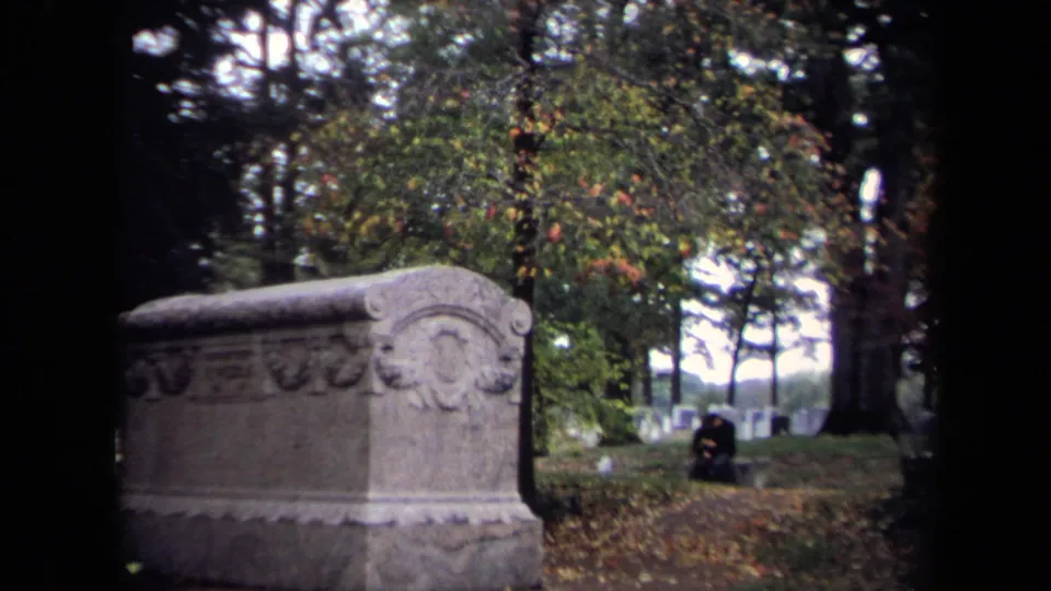 Large ornate stone tomb in a Washington, DC cemetery, framed by trees and scattered headstones in the background.