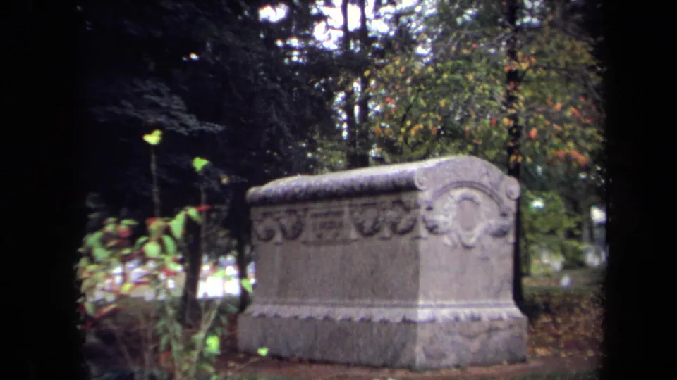 Large weathered tomb in a wooded Washington, DC cemetery, with leaves in the foreground and white headstones beyond.