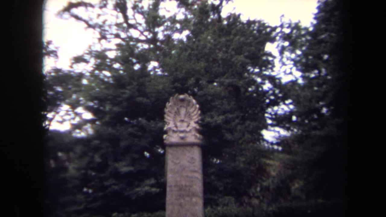 Upper section of a stone monument with carved emblem against dense trees.