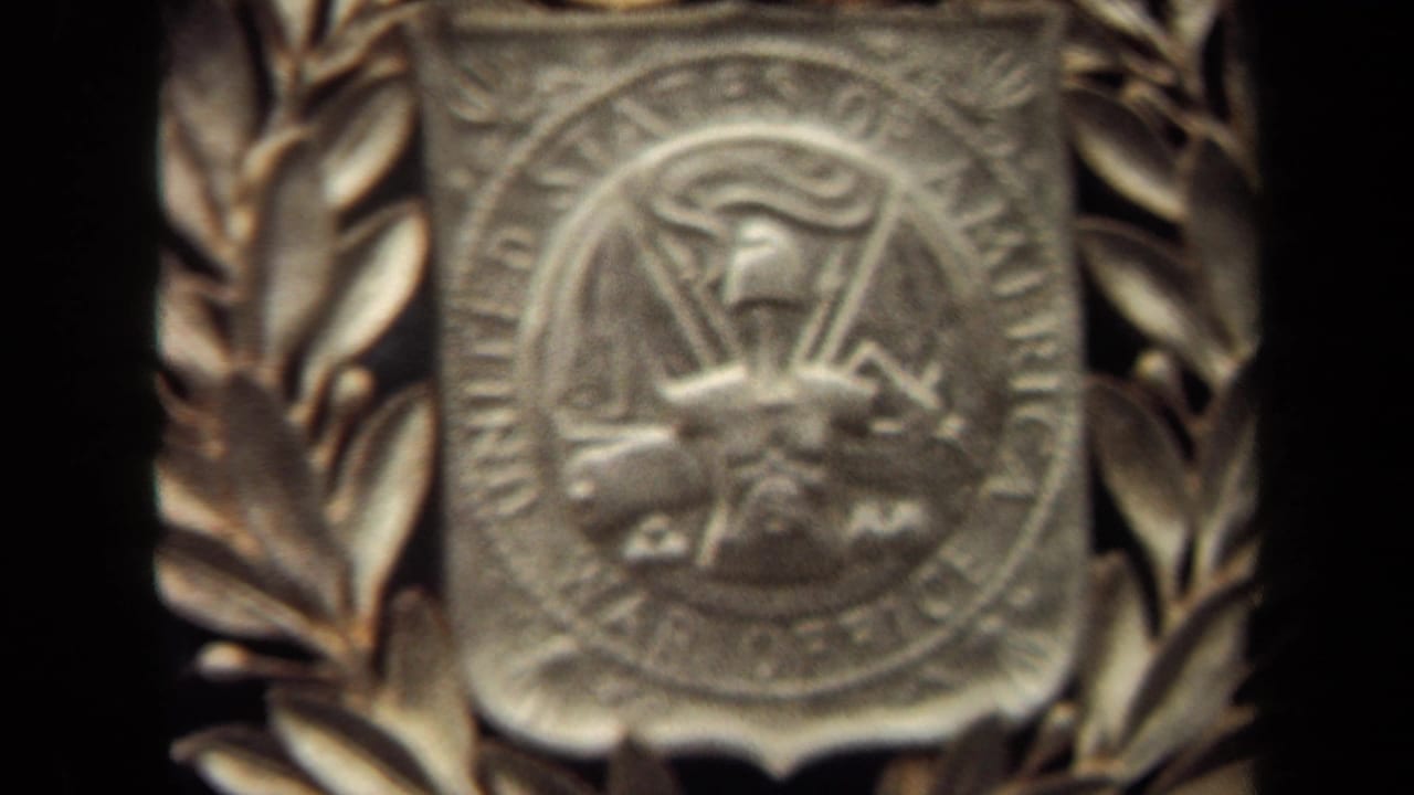 Soft close-up of a metal United States War Office emblem framed by laurel leaves.
