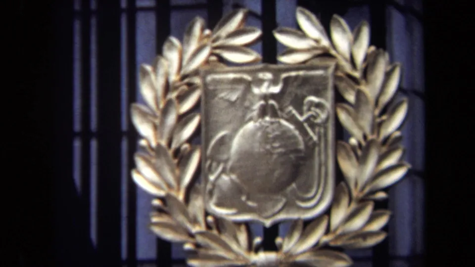 1970 Washington, DC frame showing a gold-toned shield and globe-like relief set inside a laurel wreath on a dark display.