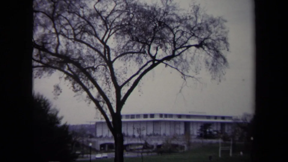 1970 Washington, DC frame centered on a leafless tree, with a low white institutional building, lawn, and parked cars in the background.