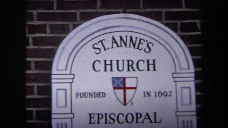 1970 Washington, DC close-up of the arched St. Anne's Church Episcopal sign mounted on brick.