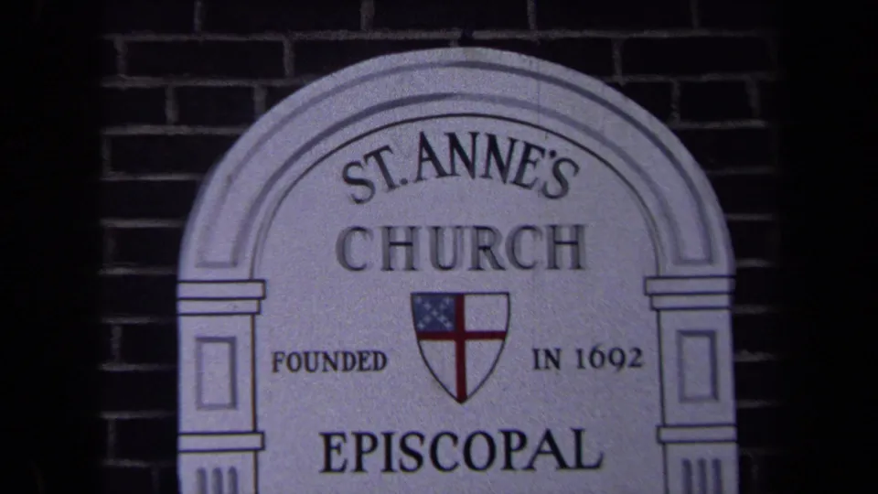 1970 Washington, DC close-up showing the St. Anne's Church sign, shield emblem, and Episcopal lettering.