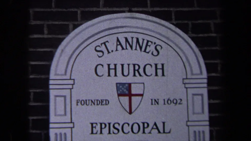 1970 Washington, DC centered view of the arched St. Anne's Church Episcopal sign against a brick exterior.