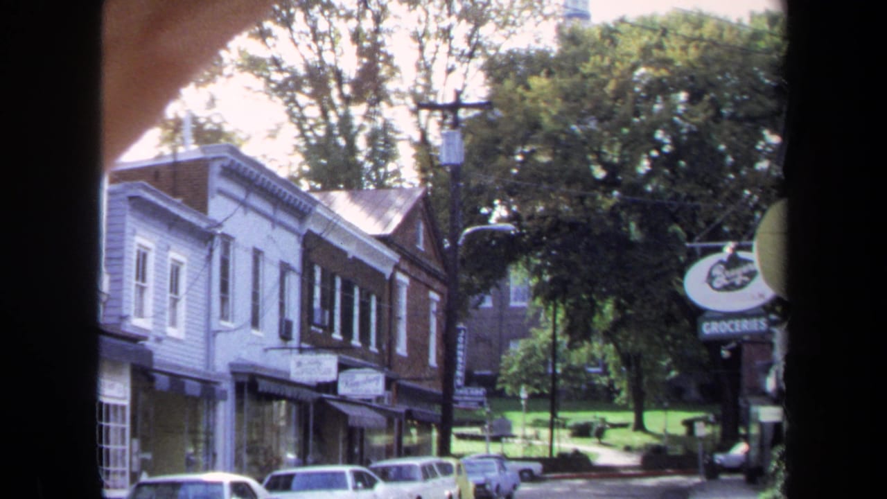 Similar street view with storefronts, parked cars, trees, and a round groceries sign near the right edge.