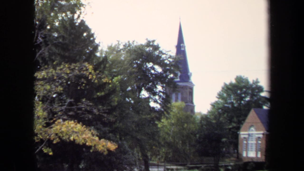 Trees and a pointed steeple are visible beyond a dark window edge.