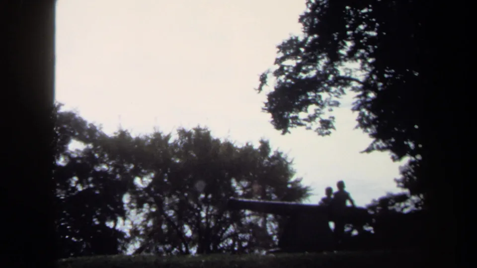 Two silhouetted people stand near a cannon in an outdoor Washington, DC scene, with trees and bright sky obscuring facial detail.