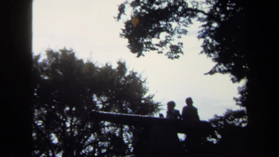 Two silhouetted people stand beside a large cannon beneath tree branches in a 1970 Washington, DC home-movie frame.