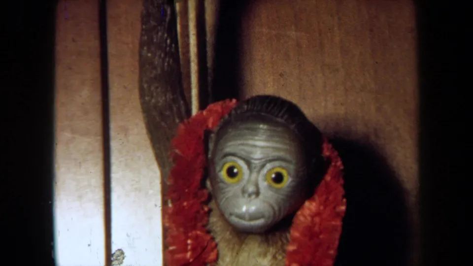 Close 8mm frame of the gray plastic monkey with wide yellow eyes, red garland, and a dark shadow on the wooden door.