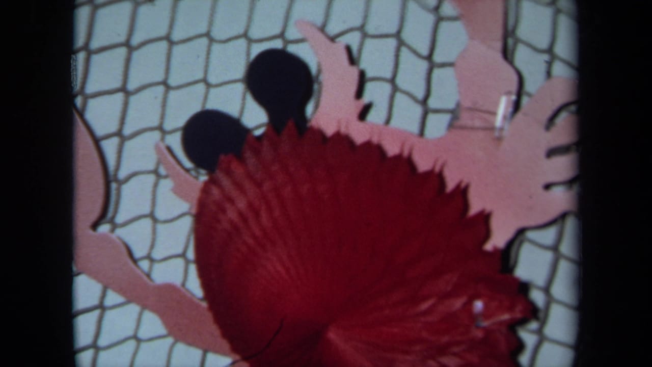 Pink paper crab craft with black eyes and a red fan-like form against a white grid background.