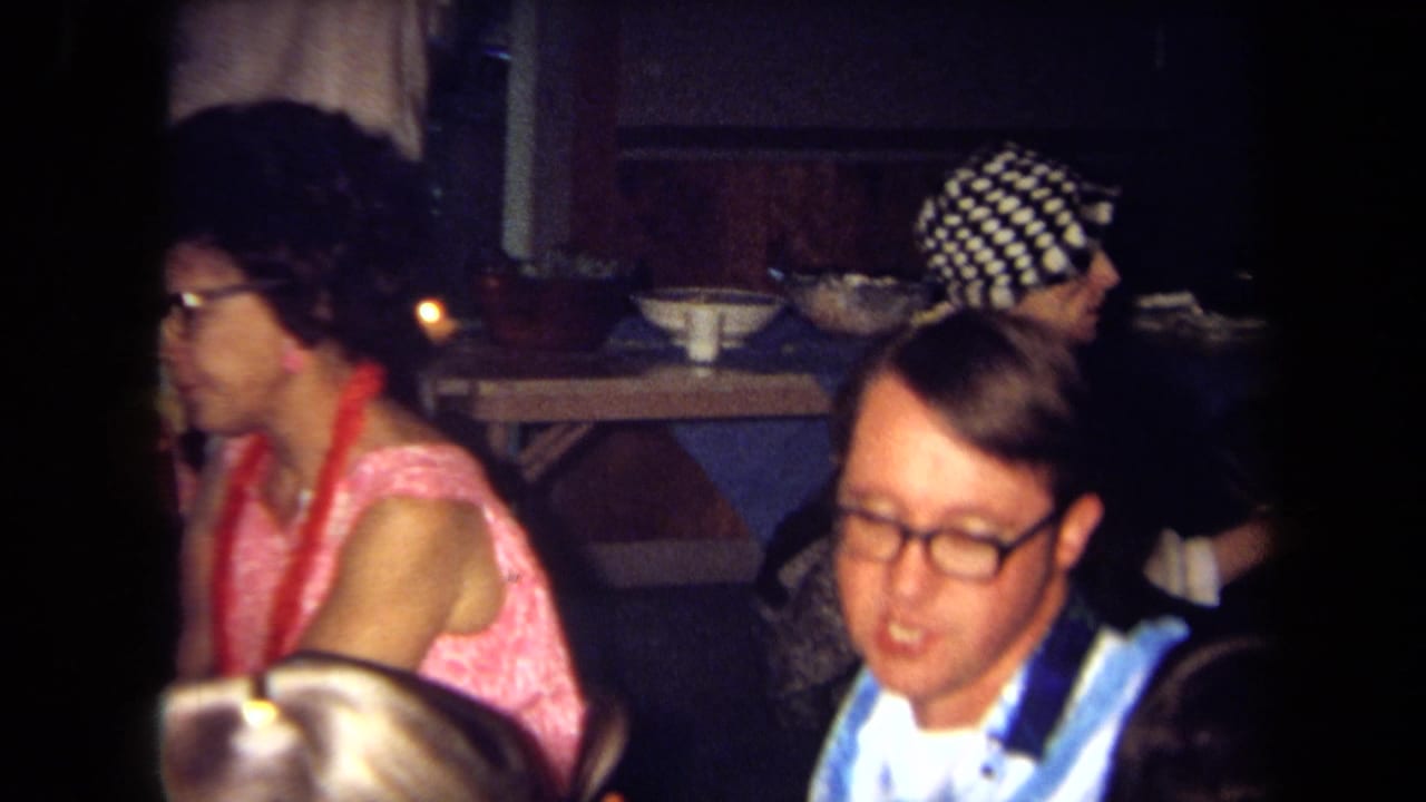 Guests sit at tables in a dim restaurant, including a woman in pink and a man wearing glasses and a blue lei.
