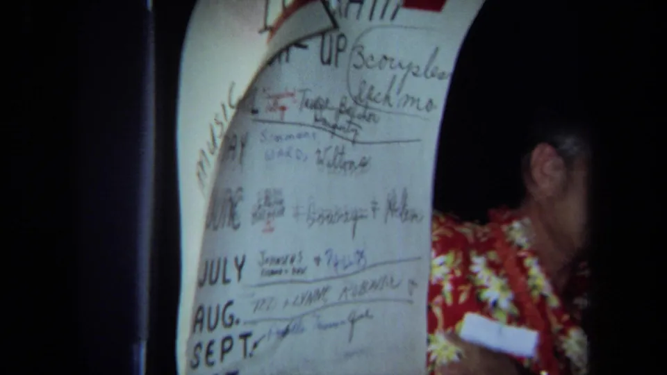 A large handwritten chart with month headings is shown close up while the floral-shirted presenter stands partly obscured nearby.