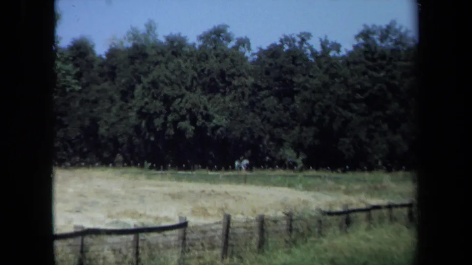 1971 California countryside frame with a rail fence, dry grass, treeline, and distant people near the field edge.