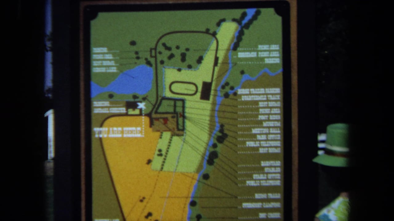 1971 California 8mm frame showing a colorful park map sign with trails, water features, labels, and a YOU ARE HERE marker.