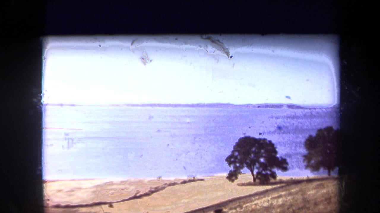 1971 California 8mm frame with an overexposed ocean view, dry hillside, scattered trees, and distant shoreline.
