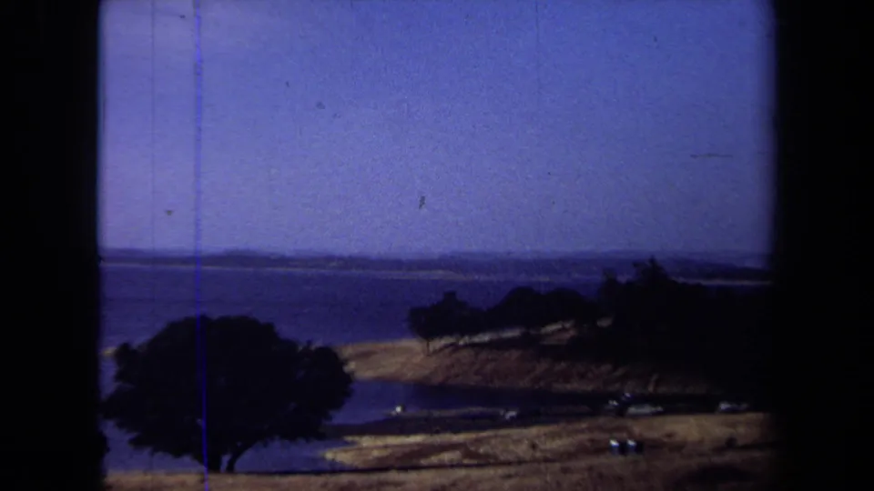 1971 California home-movie landscape with a prominent dark tree, dry rolling land, and water beyond.