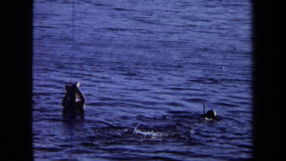 1971 California 8mm frame showing two people swimming or snorkeling in a lake, with one person holding equipment above the water.