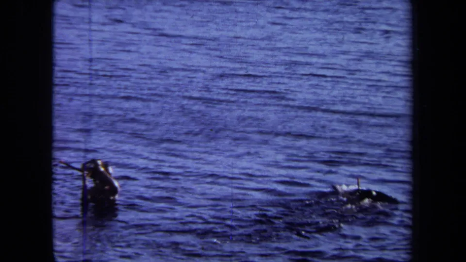 1971 California home-movie frame of swimmers in a lake, including one person holding a camera-like object above the surface.
