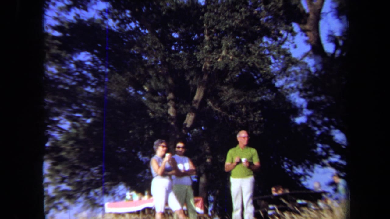 Adults holding cups stand near a picnic table beneath large trees.
