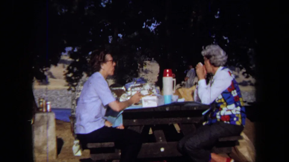 1971 California lakeside picnic frame with two older adults seated opposite each other at a table under tree shade.