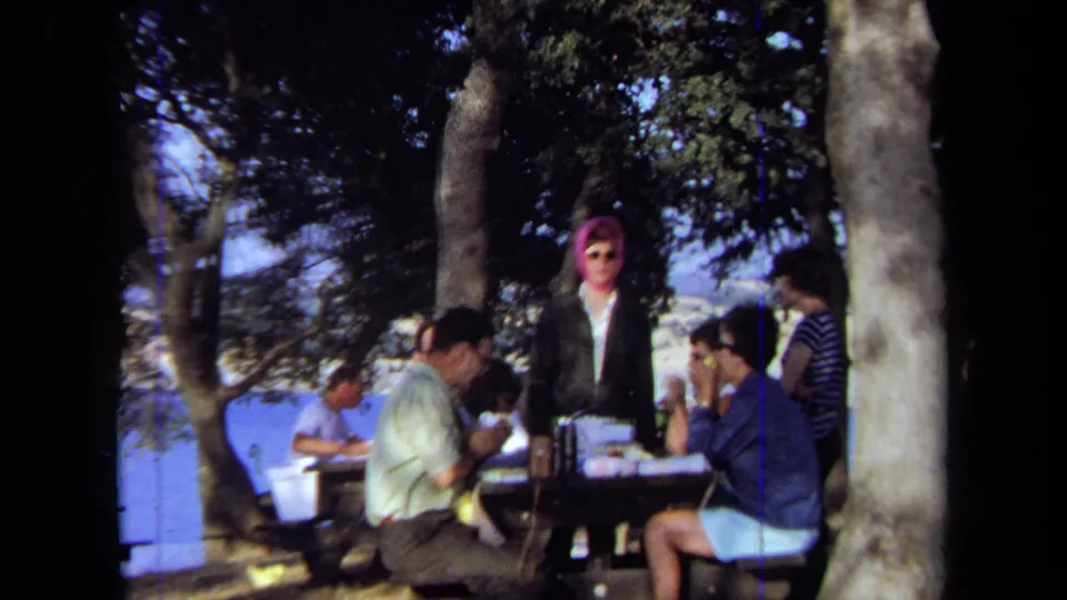 The final 1971 California picnic frame shows adults gathered beneath trees near the lake, with table items and informal home-movie framing.