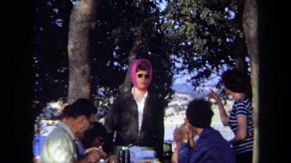 1971 California home-movie frame with a woman in a pink headscarf standing by adults eating and talking under trees.